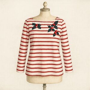 Talbots Embroidered Holly Stripe Long-Sleeve Tee – Large Petite Holiday Tee